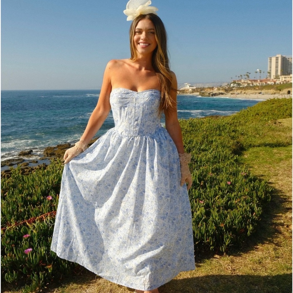 Strapless Light Blue Floral Midi Dress